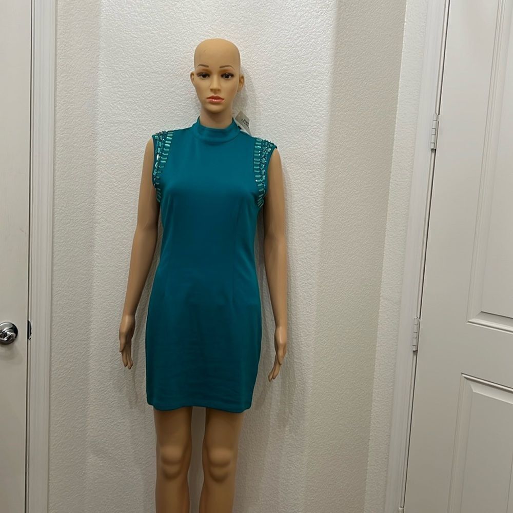 Forever Twentyone Women’s Dress Medium Turtleneck Teal Mini Embellished Zipper
